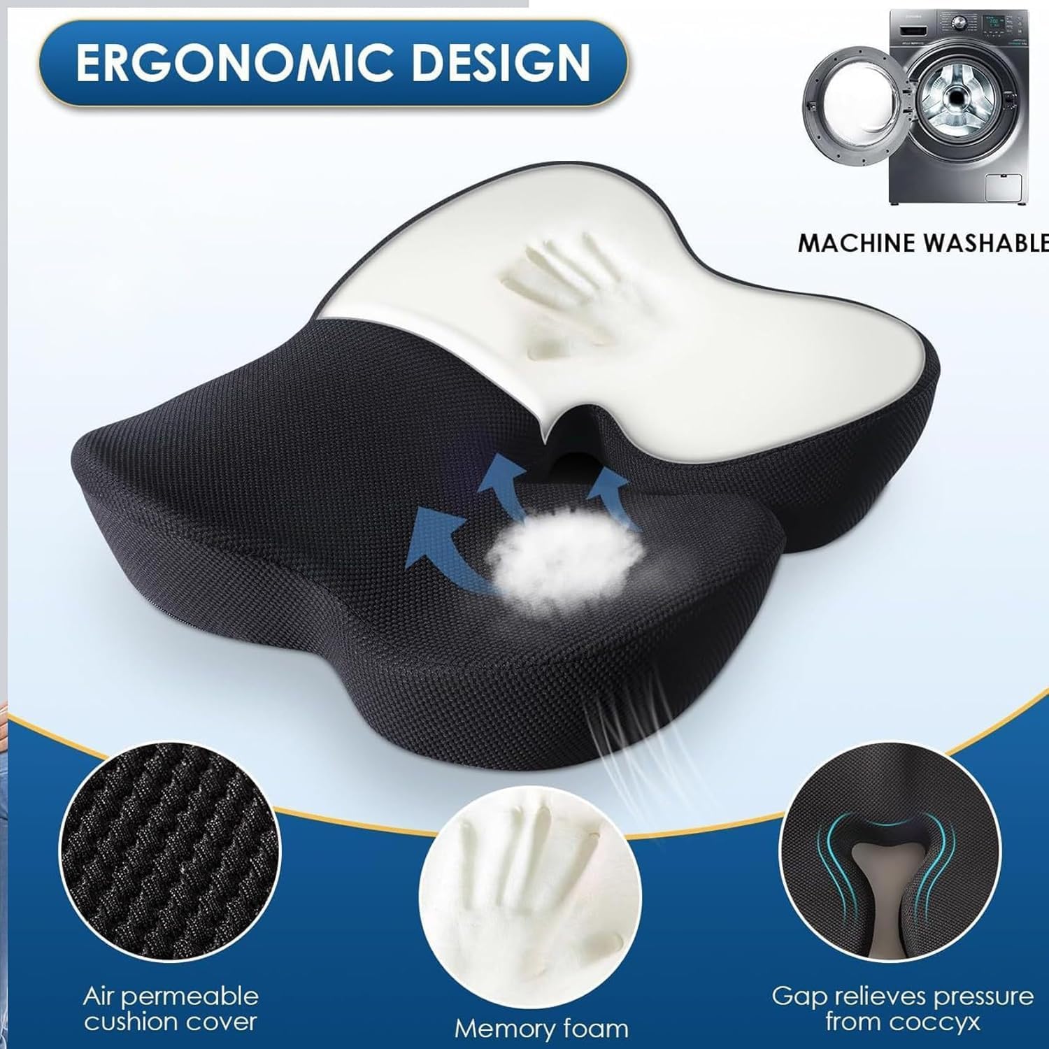 Nordic Comforts Seat & Lumbar Cushion, Happicartus Seat Cushion, Nordicscomforts Orthopedic Lumbar Cushion with Detachable Pillowcase for Office – Hip & Sciatic Comforts, Long-Lasting (White)