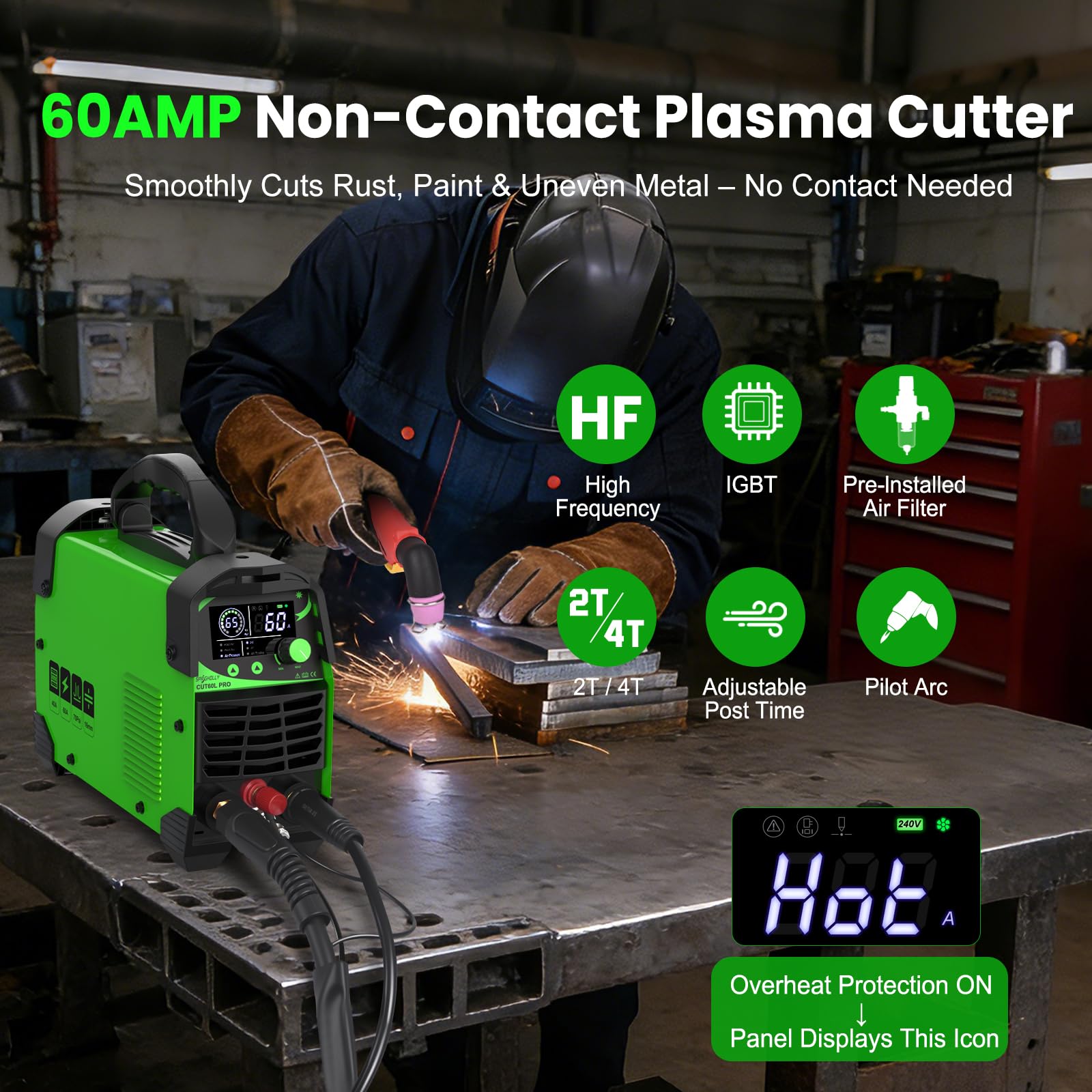 CUT60L PRO – Découpeur Plasma 60A IGBT avec Arc Pilote Haute Fréquence, 240V, Modes 2T/4T – Épaisseur max. 16 mm, Affichage LED, Léger et Portable