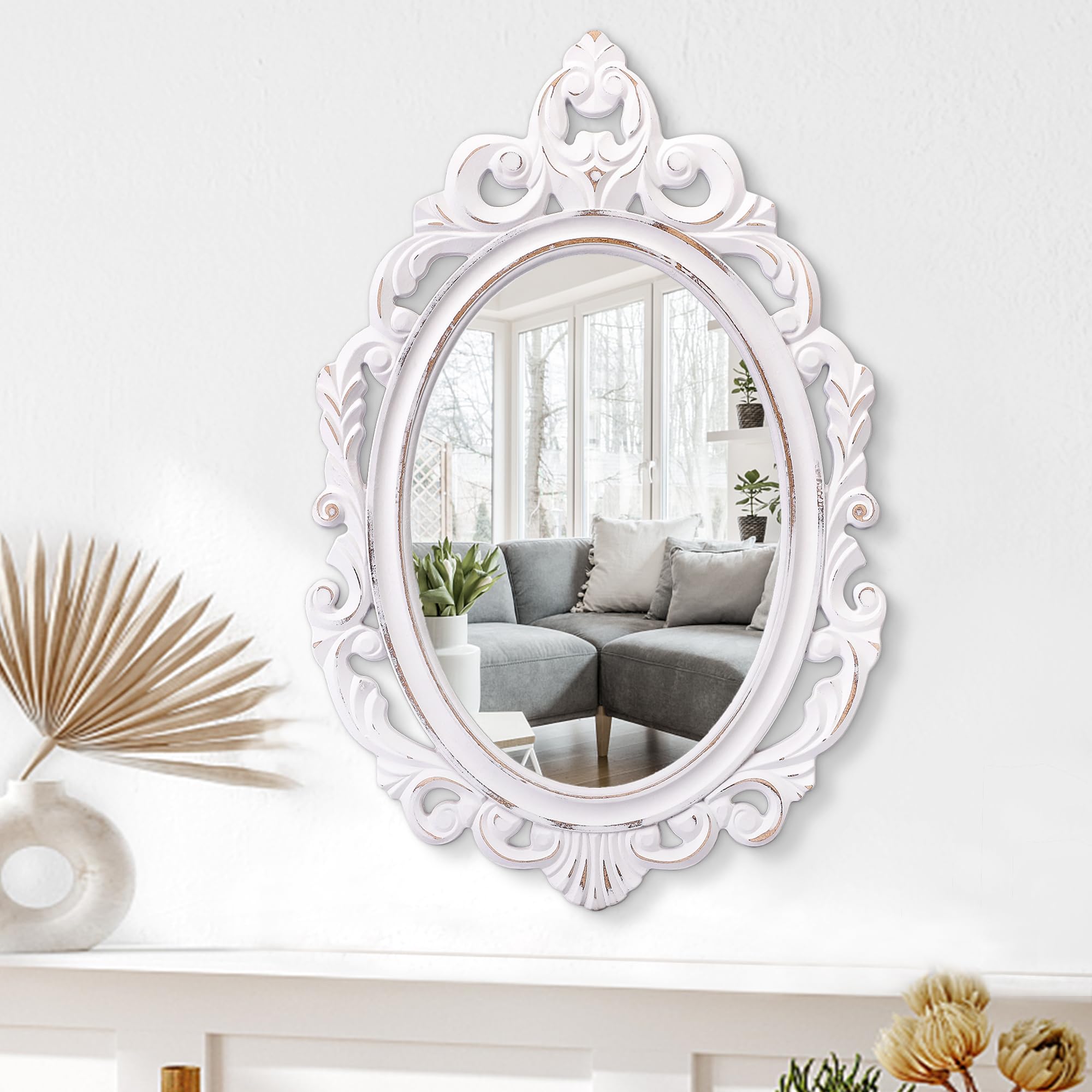 Oval Wooden Mirrors with Frame White Vintage Wall MirrorArendahl Traditional Carved Baroque Style Hanging Mirror for Wall Antique Decorative Mirror for Vanity Bedroom Living Room Bathroom Entryway ( 27" x 18")