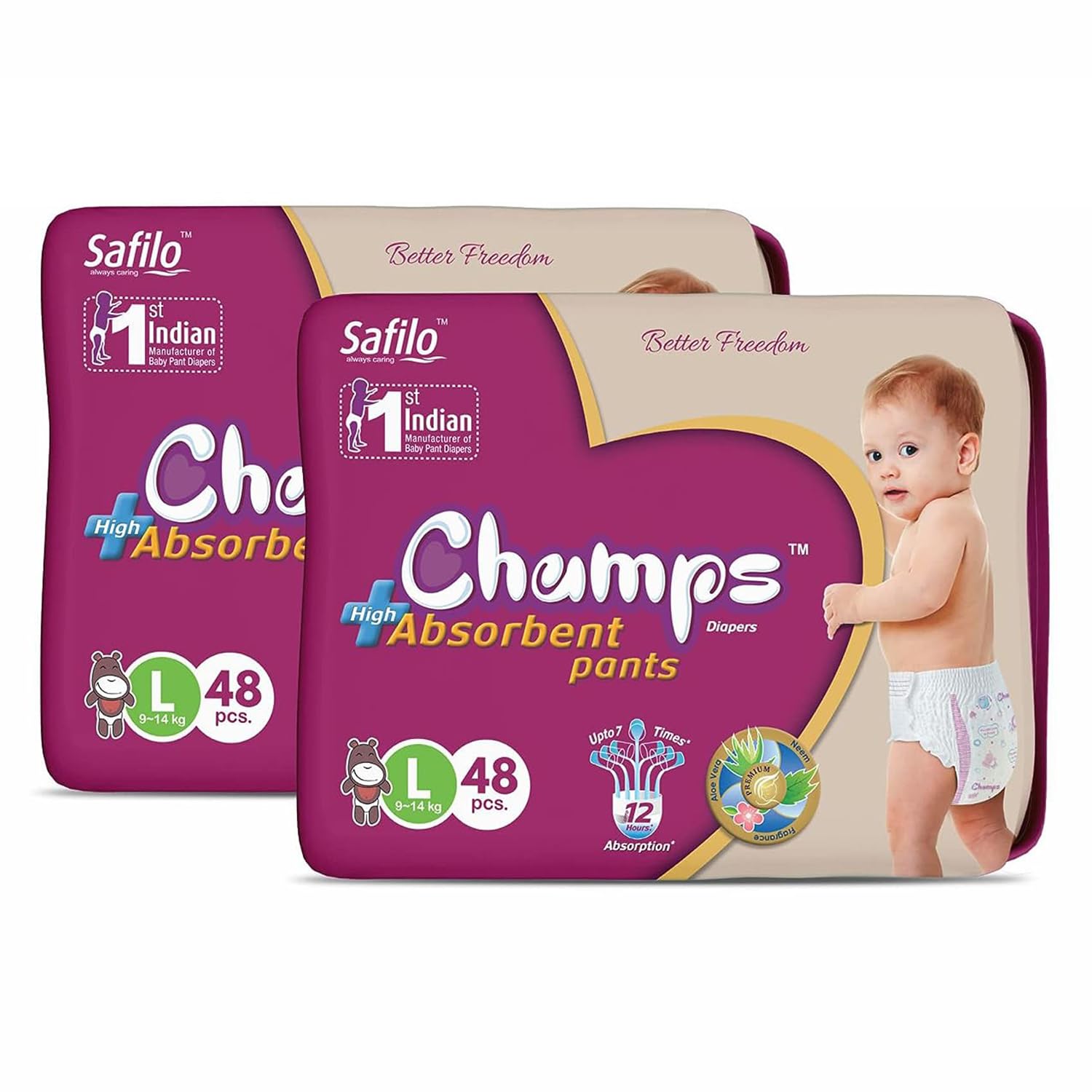 Champs Cotton Elastic Baby Diaper - Large Size(Pack of 2),96 Pcs | 9-14 Kg | Super Absorbent Core Upto 12 Hrs Leakage Protection | Breathable, Soft and Dry, Rash Free & Anti-Bacterial Pants for Babies