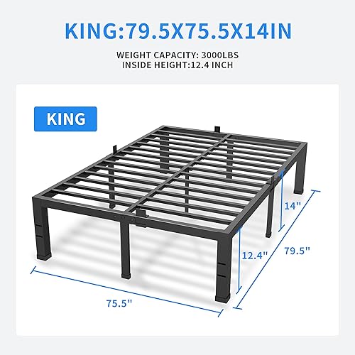 Miniatura 3 de MAF Marco de cama King de 14 pulgadas, plataforma de metal resistente con soporte de listones de acero negro, marco de cama King sin ruido, no