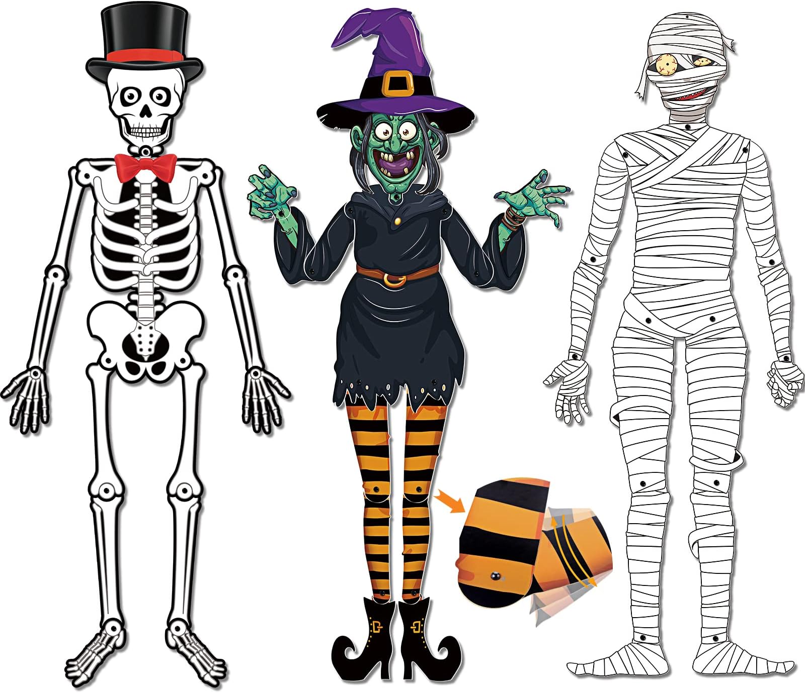 3 Pcs 50 Inch Large Halloween Jointed Skeletons Scary Vintage Jointed Witch Decor Articulated Cutouts Halloween Mummy Ornament with Movable Joints for Halloween Wall Window Door Hanging Decor Props