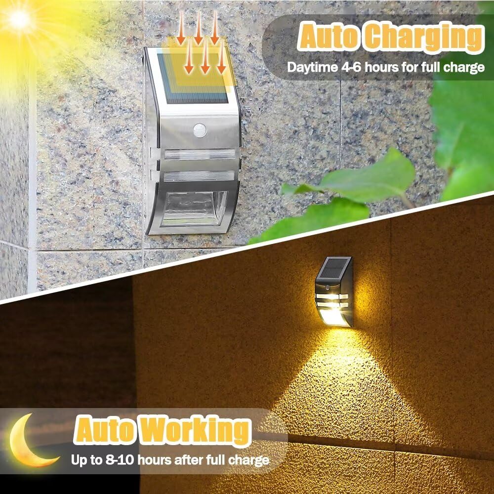 KZT 4 Stück Solarlampen für Außen mit Bewegungsmelder 3000K Warmweiß Solar Wandleuchte Aussen IP65 Wasserdichte Solar Zaunleuchten Aussenleuchte für Garten Weg Hof Gehweg
