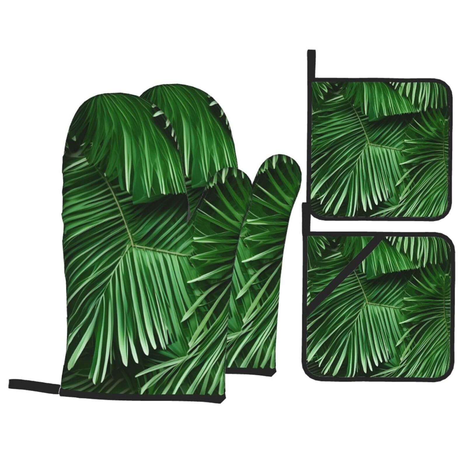 Cute green palm leaves Print 4-Piece Oven Microwaving Set Waterproof Kitchen Gloves for Baking Grilling Cooking
