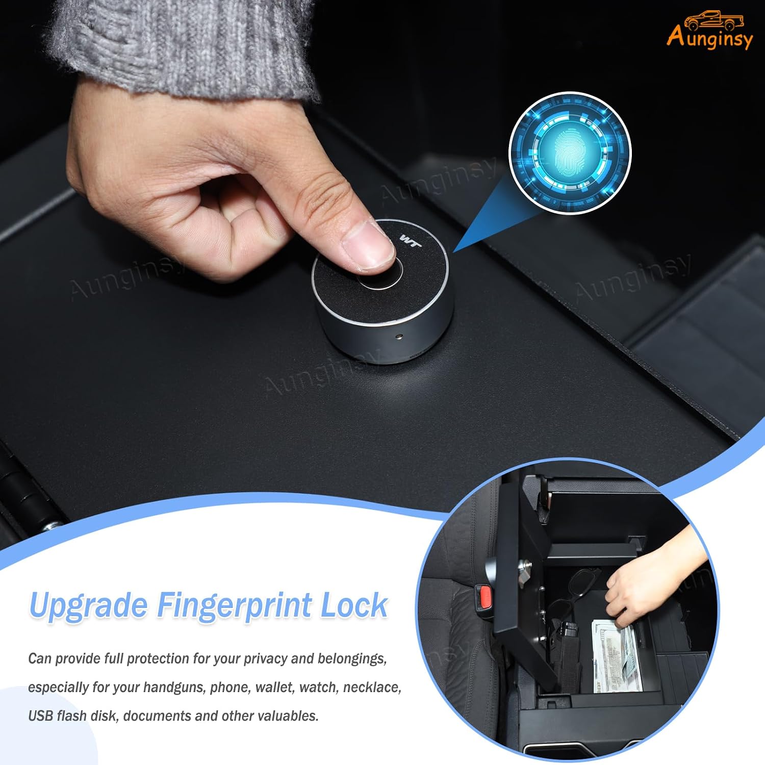 Aunginsy Center Console Lock Safe Box Compatible with Toyota Tundra 2022-2026, Car Anti-Theft High Security Armrest Lock Box Storage Organizer Tray Vault with Biometric Fingerprint Lock Accessories