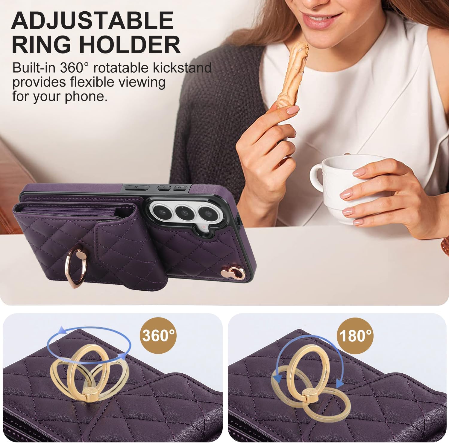 Asuwish Phone Case for Samsung Galaxy S26 5G Wallet Cell Cover with Tempered Glass Screen Protector Crossbody Wrist Strap Ring RFID Blocking Card Holder S 26 26S G5 6.3 inch Women Girls Dark Purple
