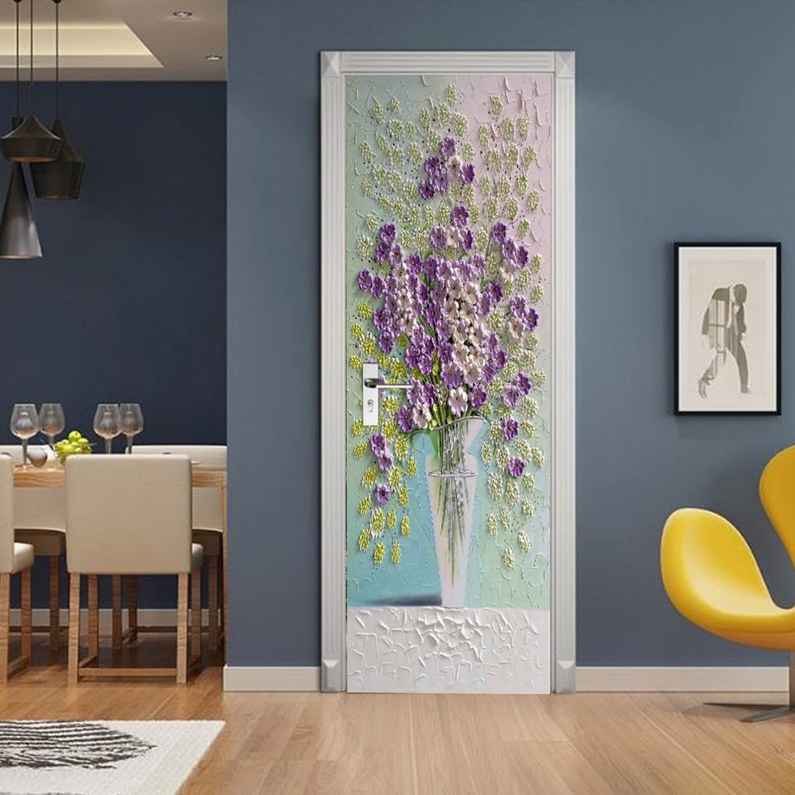 A.Monamour Adesivo Porta Autoadesiva Fiori Viola In Un Vaso Pittura Murale 3D Effetto Arte Astratta Vinile PVC Adesivi per Porte Interne 3D Pellicola Adesiva Poster Sticker Murale Parete