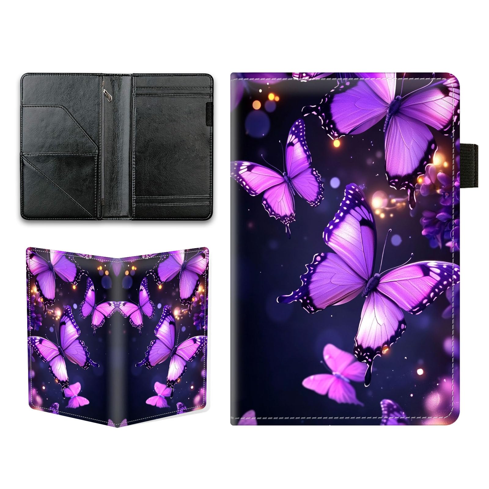 KUJKBFWJ Server Books for Waitress - Cute Server Guest Book with Zipper Pocket & Note Pad Holder | PU Leather Waiter Book Organizer, Apron-Compatible Server Wallet, 3D Purple Butterflies