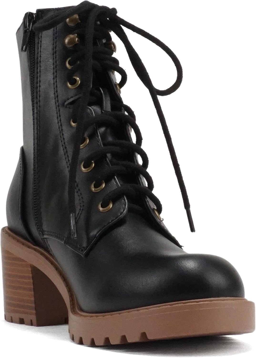 Soda “VELOUR” ~ Women Round Toe Lace-Up Lug Sole Medium Stack Heel Mid Shaft Combat Boot with Side Zipper