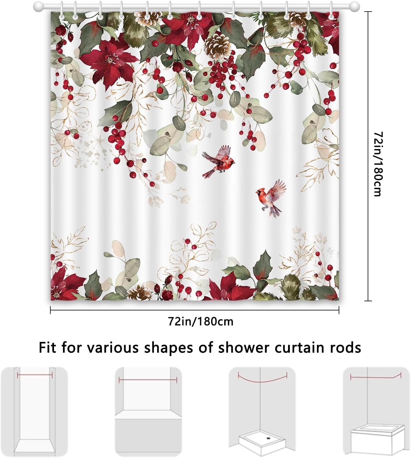 APROPHIC Christmas Shower Curtain for Bathroom, Red and White Berries Eucalyptus Pinecone Flower Bird Cardinals Shower Curtain, Winter Holiday Bathroom Decor Waterproof Fabric with 12 Hooks 72x72 in