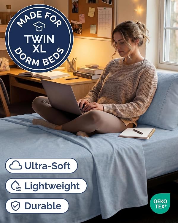 Twin XL 3 Piece Sheet Set - College Dorm Room Essentials - Heathered Blue by CGK Unlimited - Image 2