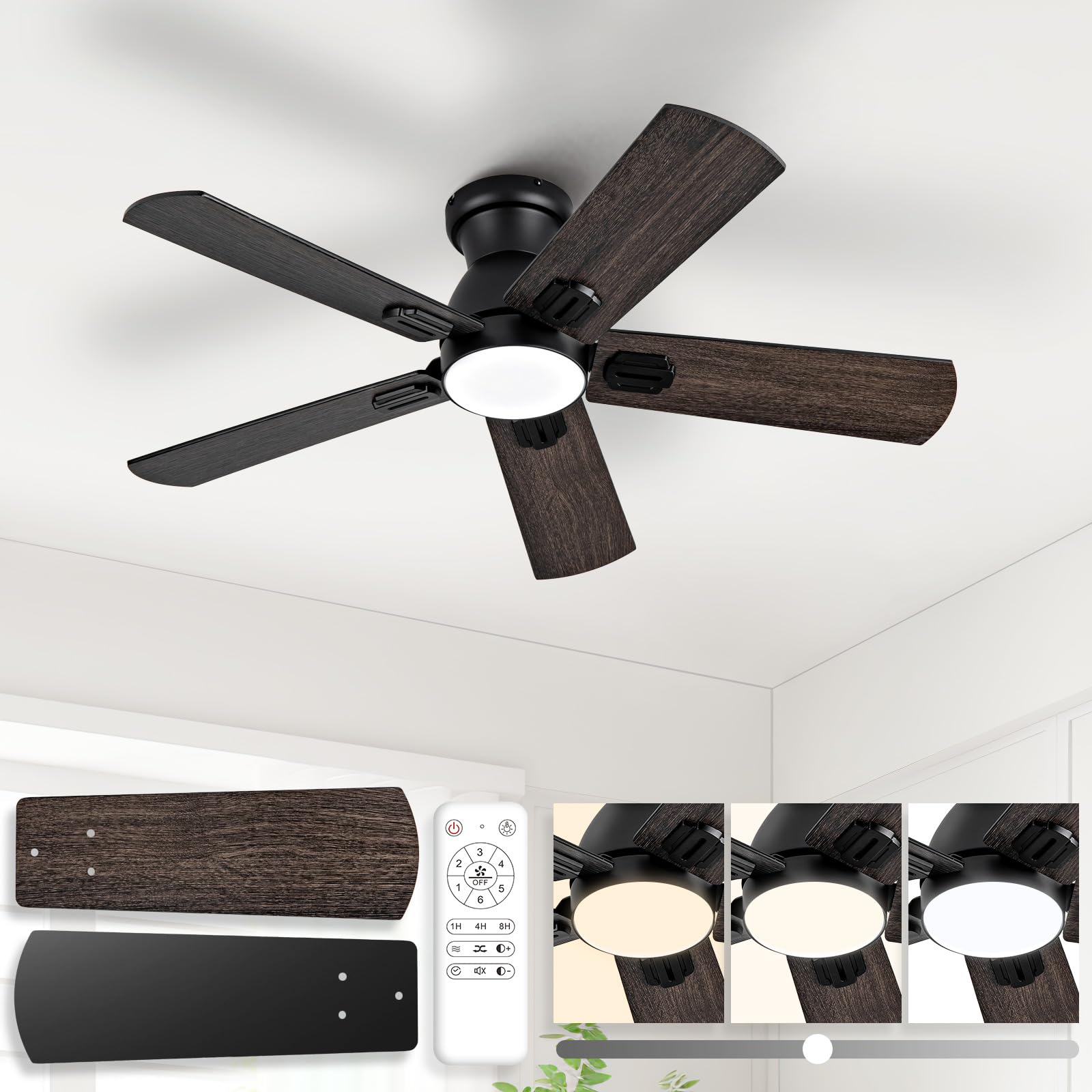 42-Inch Ceiling Fan with Lights, Remote Control, Flush Mount, Dimmable, Reversible, Power-Off Memory, Quiet DC Motor – Modern Hugger Ceiling Fan for Living Room, Bedroom, Low Profile, Black
