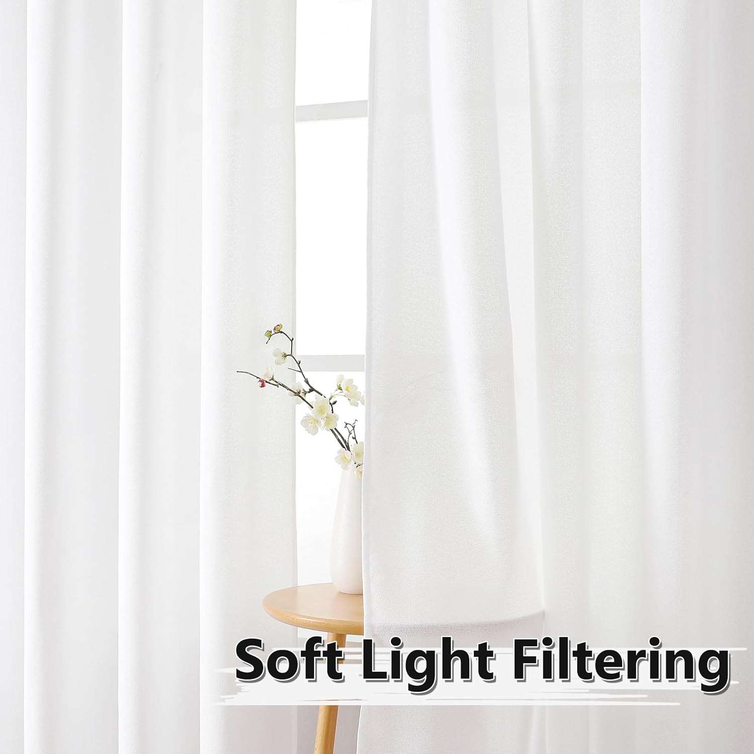 Tollpiz Linen Curtain Bedroom Rod Pocket Semi Sheer Curtains Burlap Light Filtering Thick Linen Drape for Living Room, 38 x 84 inches Long, White, Set of 2 Panels