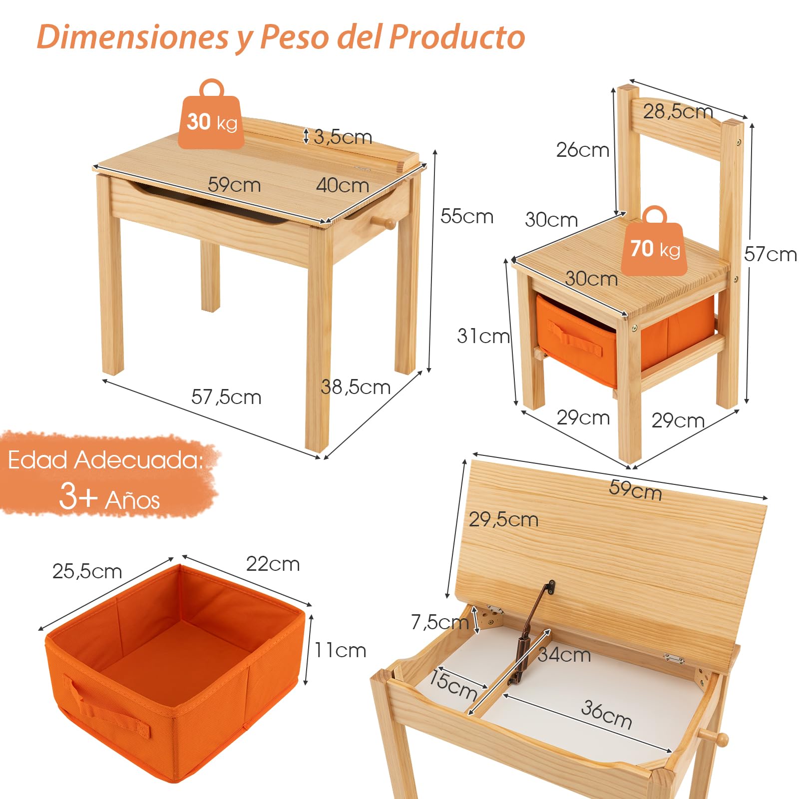 COSTWAY Juego de Mesa y Silla para Niños, Escritorio Infantil con Silla y Tablero Abatible, Juego de Mesa de Actividades de Madera Maciza, Bisagra de Seguridad, Cajón Extraíble (Natural)
