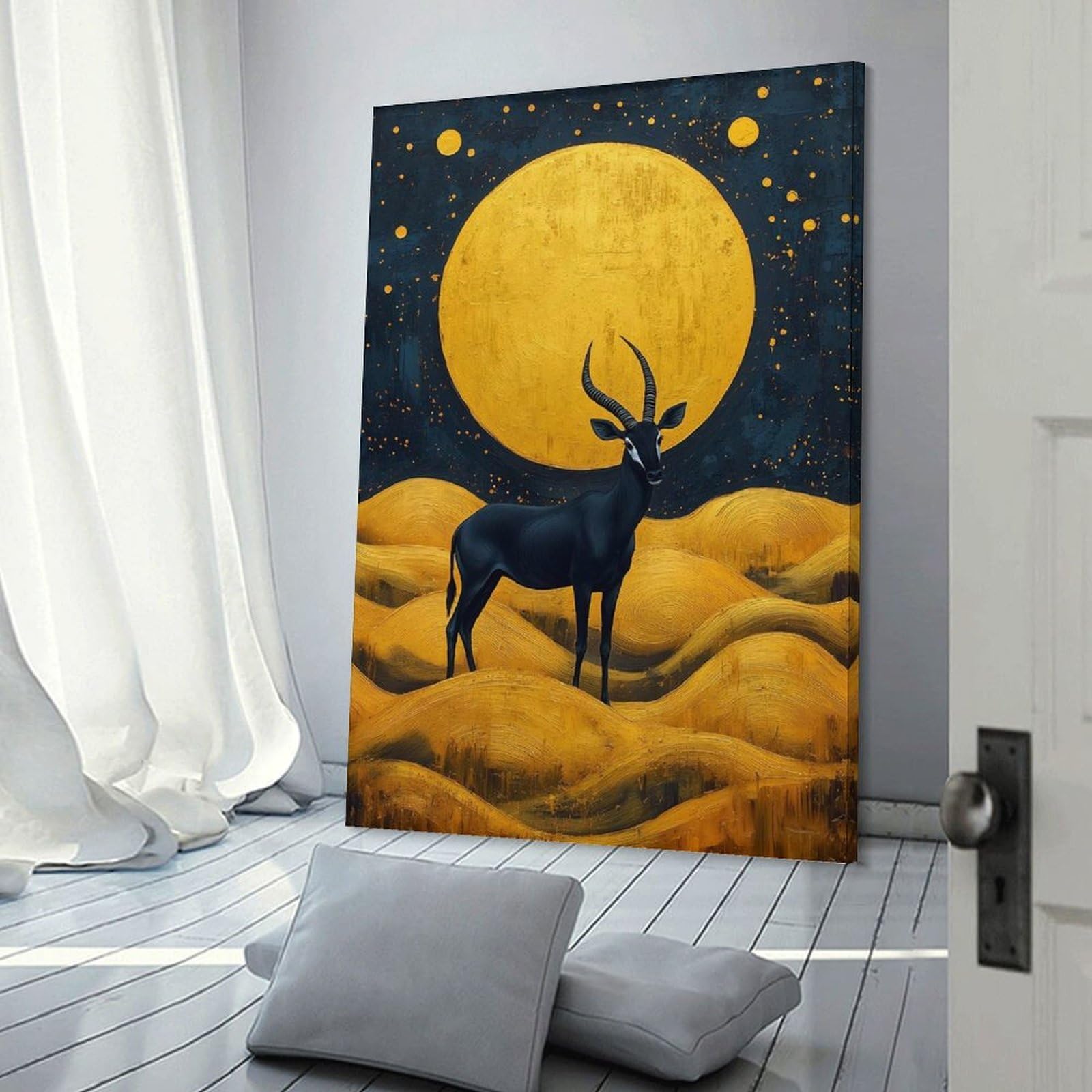Junmoney Frame-Style-10-1 Sable Antelope Under Golden Moon Home Decor Wall Art 24X36inch(60X90cm), For Hallway, Bedroom Or Modern Interiors, Canvas Artwork With Gifting Potential