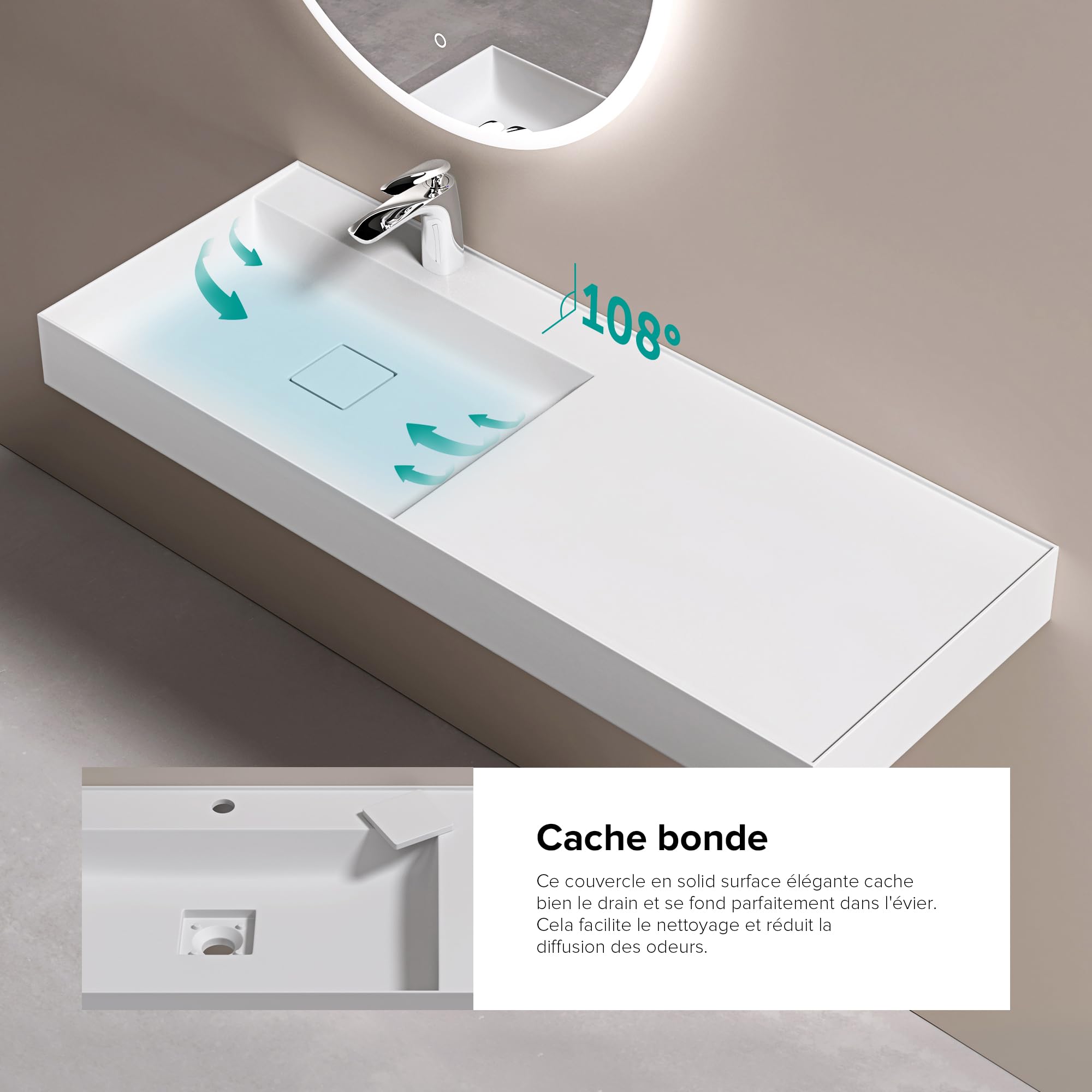 doporro Lavabo Bagno Sospeso 120 cm Rettangolare in Resina Bianco Opaco con Vasca Integrata Centrale e Piletta Inclusa – Colossum630