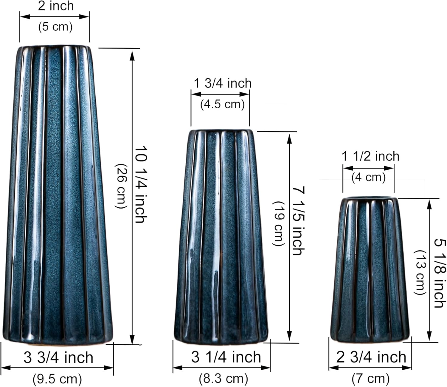 Blue Ceramic Vase Set of 3, Modern Blue Vases, Farmhouse Decor, Rustic Decorative Vase for Fireplace, Entryway and Living Room, Centerpiece Table Decorations