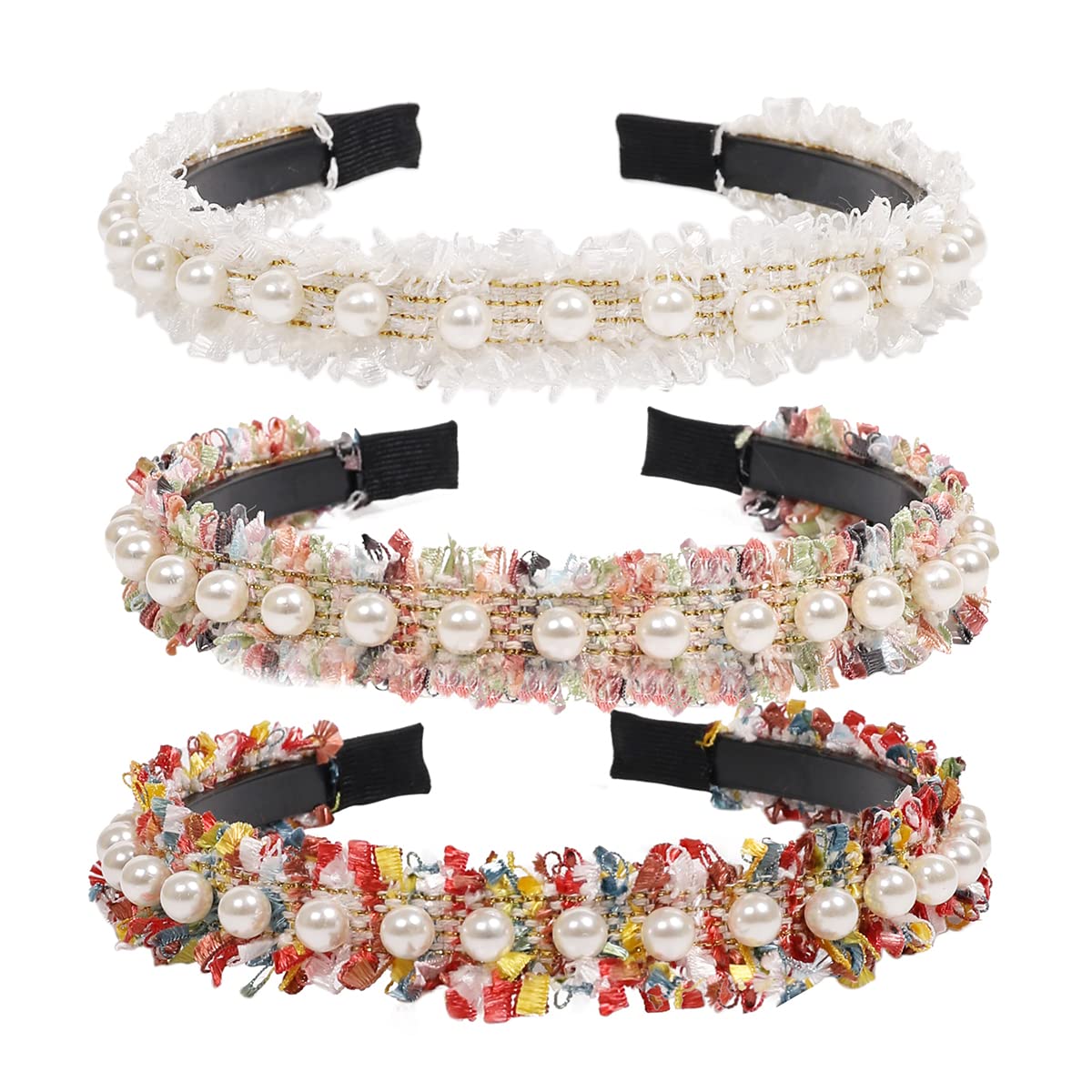 Pearl Lace Headbands-Manshui 3 Pcs Pearl Ribbon Headband,Pearl Hair Bands Pearl Hair Hoop for Girls and Women (Pearl Lace L)