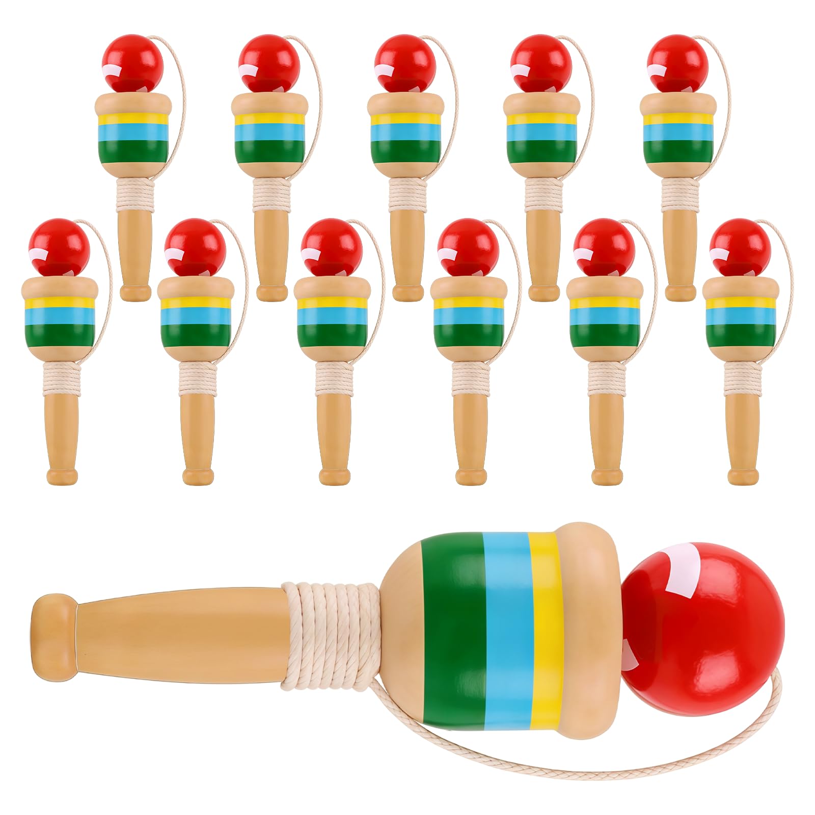 AOVNA 12 Pcs Wooden Catch Ball Game Wooden Cup and Ball Game Set Red Wood Ball Wooden Catch Ball Catching with String Cup Hand Style Toy Hand Eye Coordination Educational Game Vintage Catch Toys.