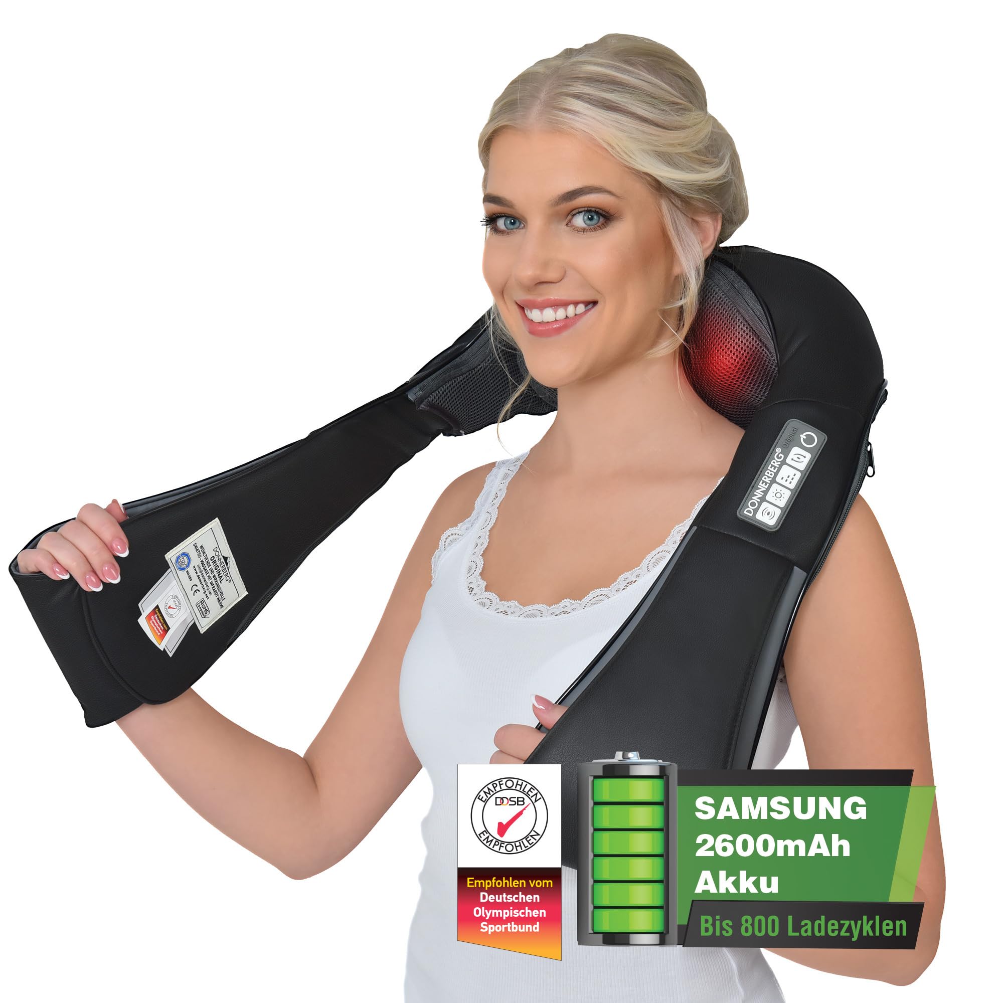 DONNERBERG® Akku Nackenmassagegerät Kabellos - Shiatsu - TÜV Geprüft | Nackenmassagegerät mit Wärme, Infrarot & Vibration bei Nackenschmerzen für Nacken, Schulter & Rücken - 110 Min Akkulaufzeit