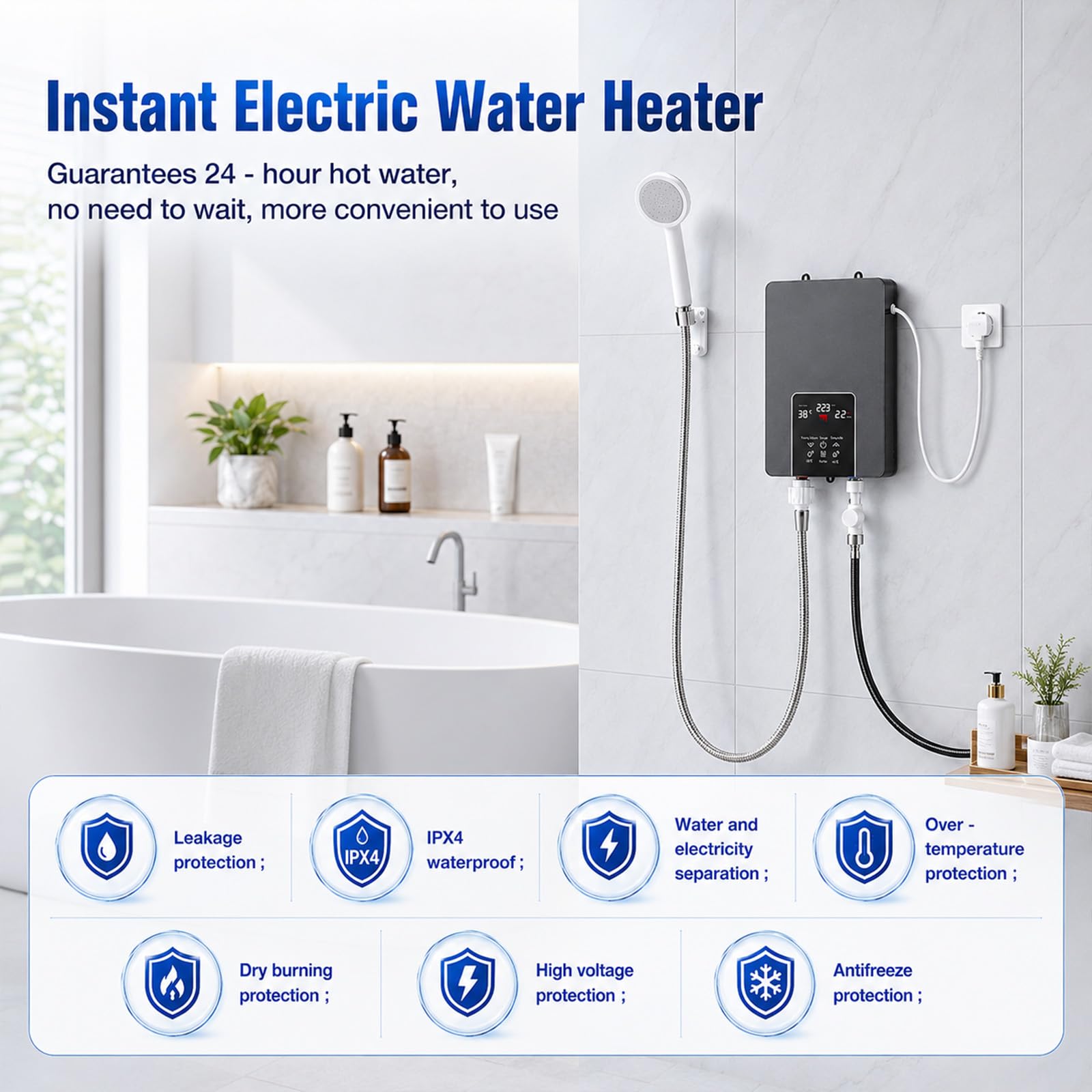 Mini calentador de agua, 6000 W, calentador de agua eléctrico sin depósito, con LED, regulador electrónico, resistente al agua y a las heladas, para cocina, baño, ducha y jardín