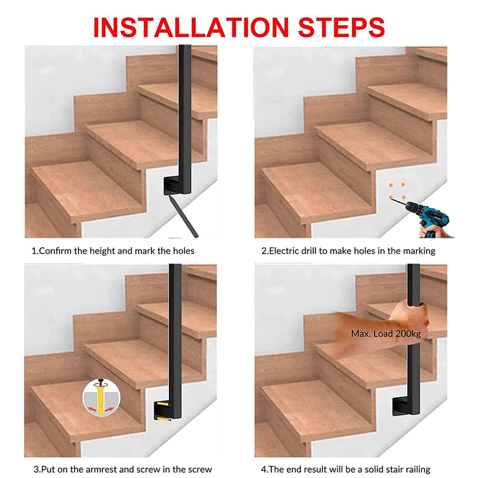 Seitlich montierter U-förmiger Treppengeländer-Handlauf, für Außenstufen oder im Innenbereich, Übergangshandlauf-Streikposten mit Installationssatz. (Farbe: Schwarz, Größe: 100 cm) (Größe: 4