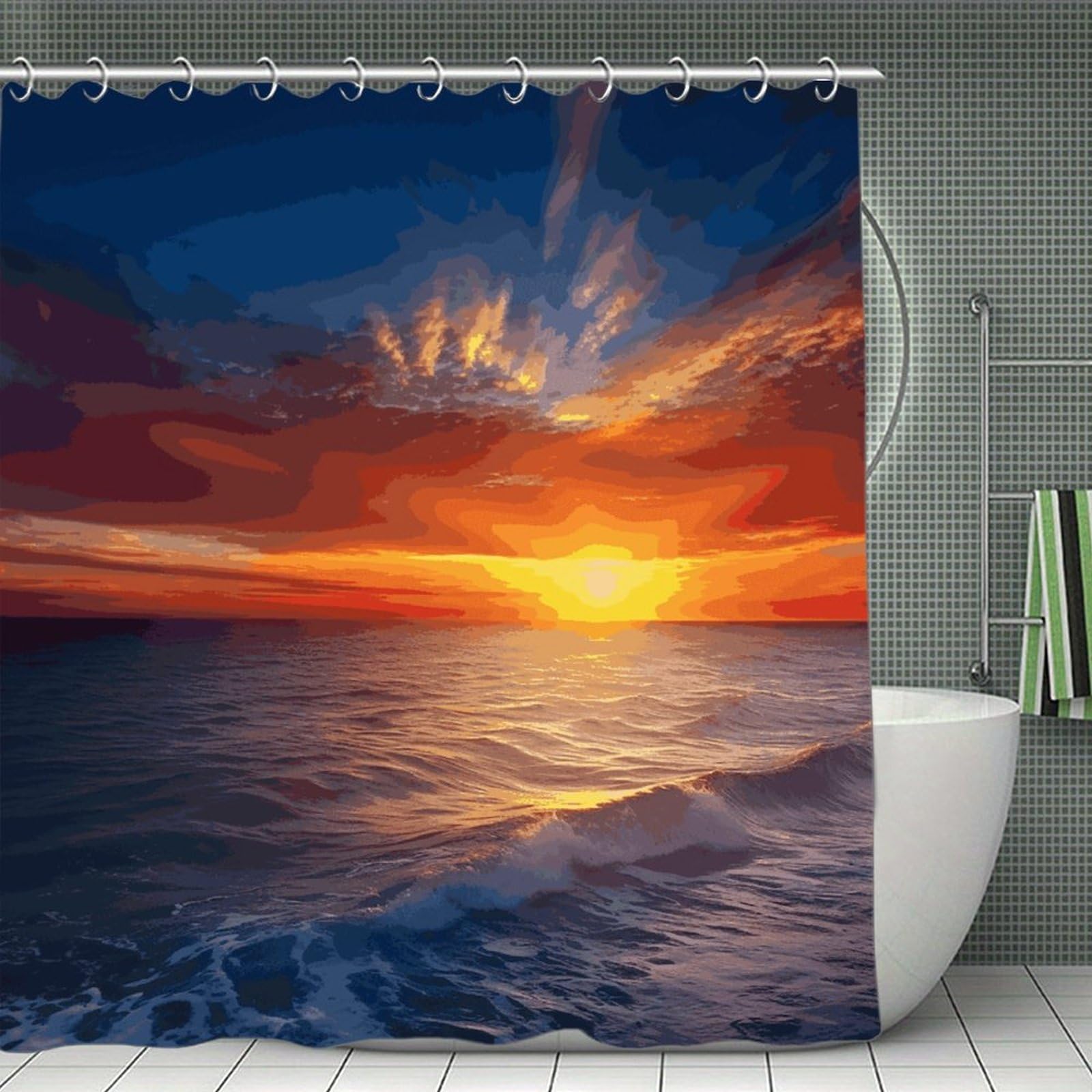 FekiLoot Sea and Sunset Shower Curtain Minimalist Thick Bathroom Curtain Washable Modern Bathroom Shower Curtain Heavy Duty Waterproof Cloth Bath Curtain with Hooks 70.8"x70.8"
