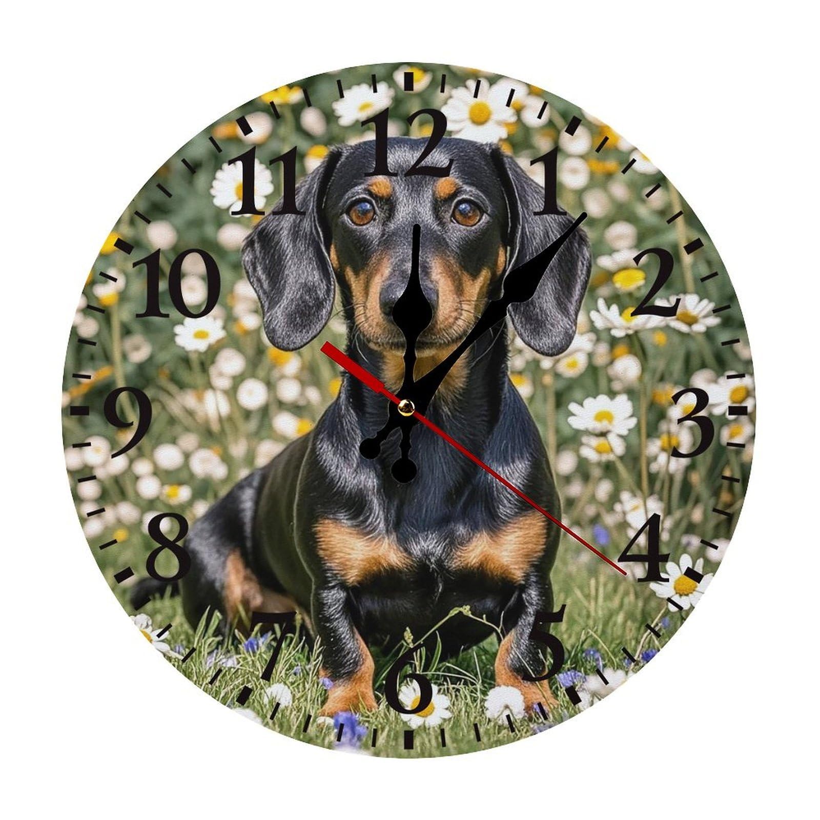 QMNLKH Pad Dachshund Wall Clock for Home, Battery Operated Clock for Hotel, Round Wall Clock with Arabic Numerals Black, Easy to Read, Non-Ticking Clocks for Living Room 25 * 25cm