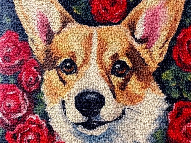 Corgi & Rose Latch Hook Kit - DIY Rug & Cushion Making Set With Preprinted Pattern