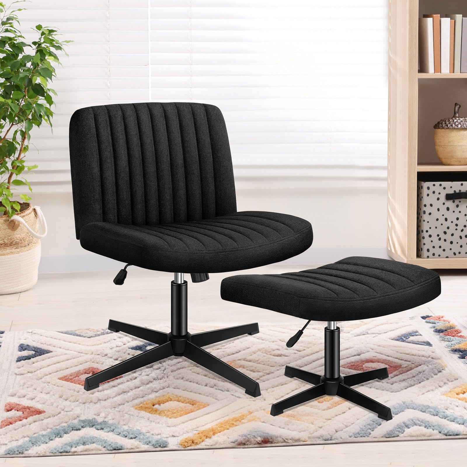 ELFORDSON Cross Legged Office Chair with Ottoman, Wide Seat Armless Desk Chairs No Wheels, Criss Cross Chair Mid-back Vanity Chair for Home Office, Height Adjustable 360ยฐ Rotatable, Linen, Black โ image 1