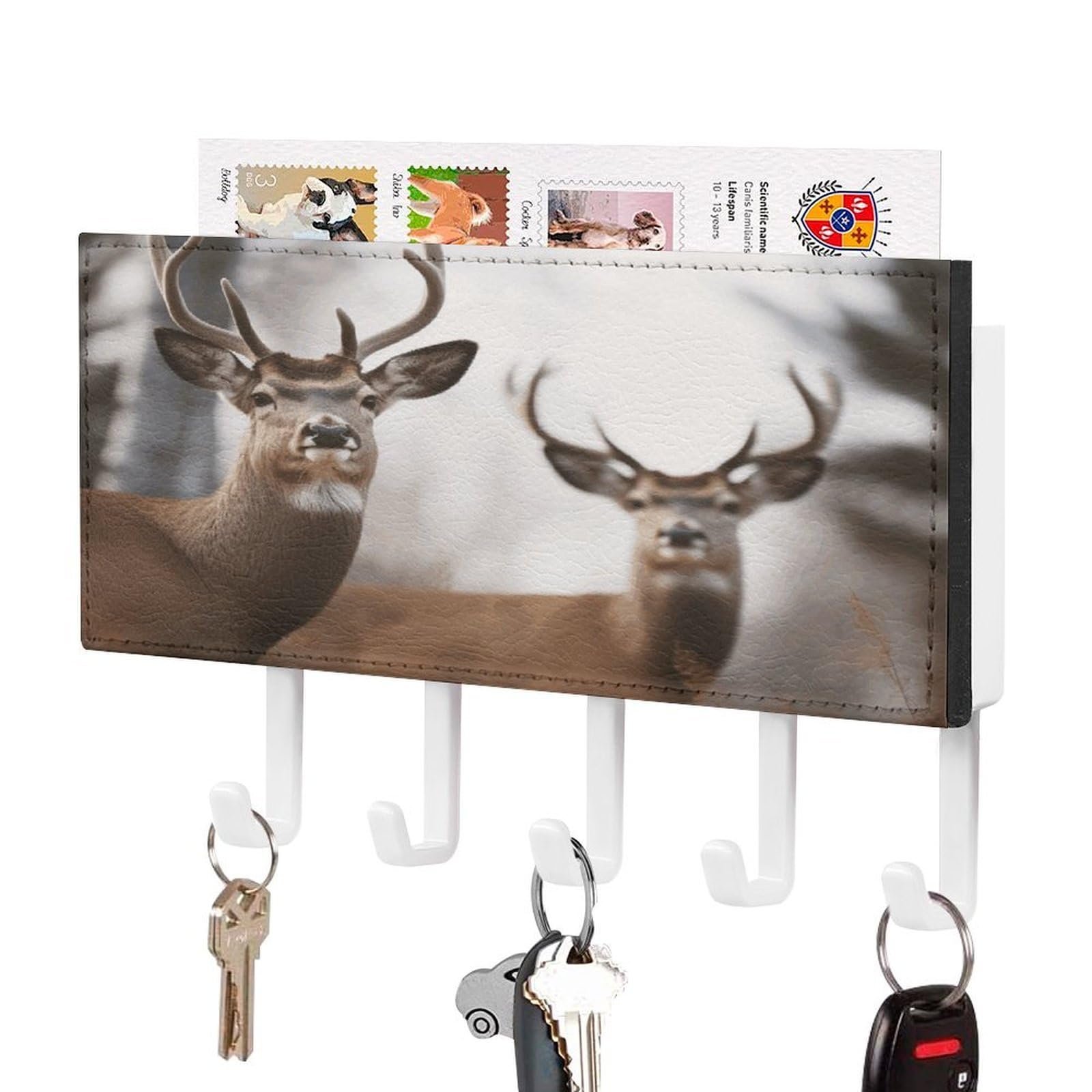 FekiLoot Deer Key Holder Wall Mount Key and Mail Holder Key Hanger with 5 Hooks Decorative PU Key Rack Hanging Key Hooks for Wall Living Room Kitchen Bathroom Hallway White-Style