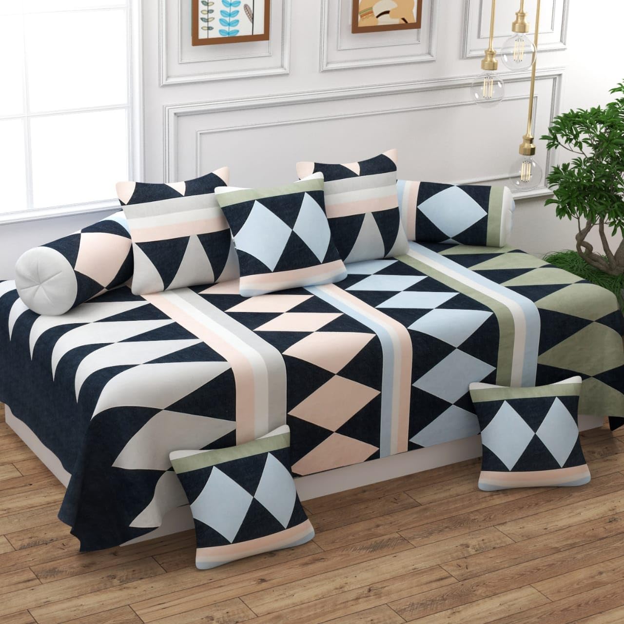 KIAAKSH Jyotaksh Diwan Set Covers Cotton 8 Pieces Pure Cotton Designer Printed Standard Diwan Set (1 Single Bedsheet, 2 Bolster Covers, 5 Cushion Covers)(Diwans-22)-image-35