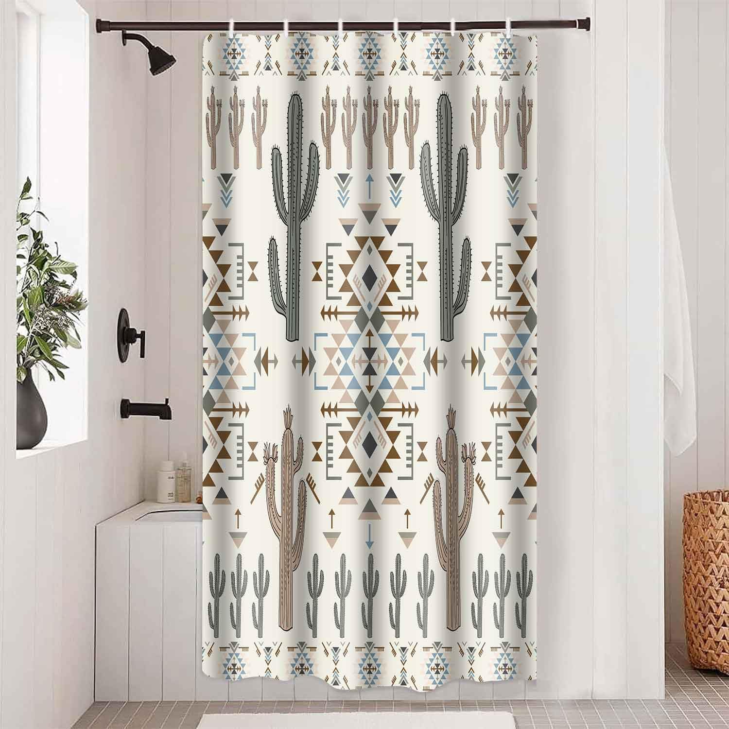 Western Aztec Cactus Shower Curtain Vintage Rustic Southwestern Plants Boho Abstract Geometric Ethnic Bathroom Curtain Decor 36x72Inch Navajo Native