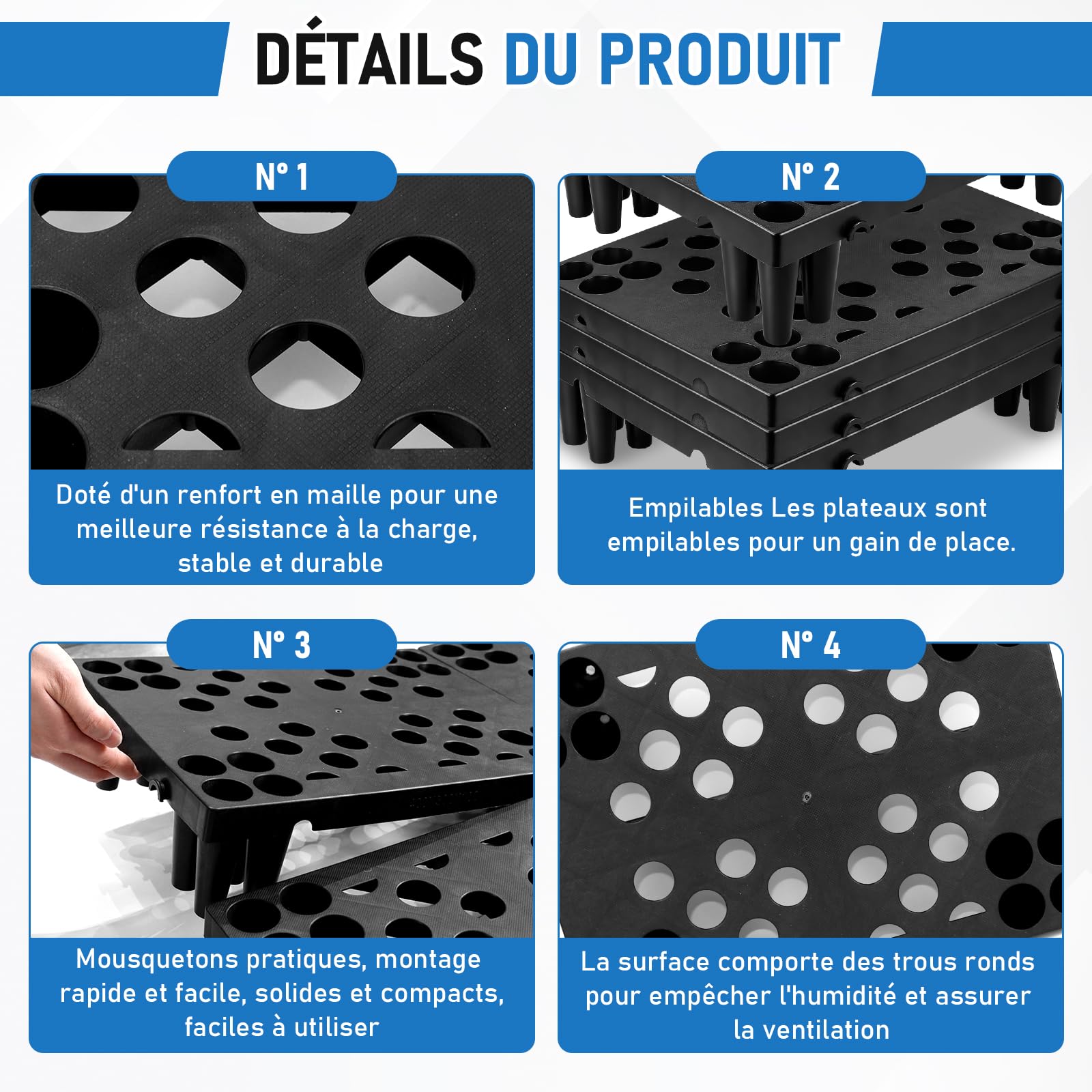 Lot de 4 Palettes en Plastique Noires Empilables, 40 x 30 x 10 cm