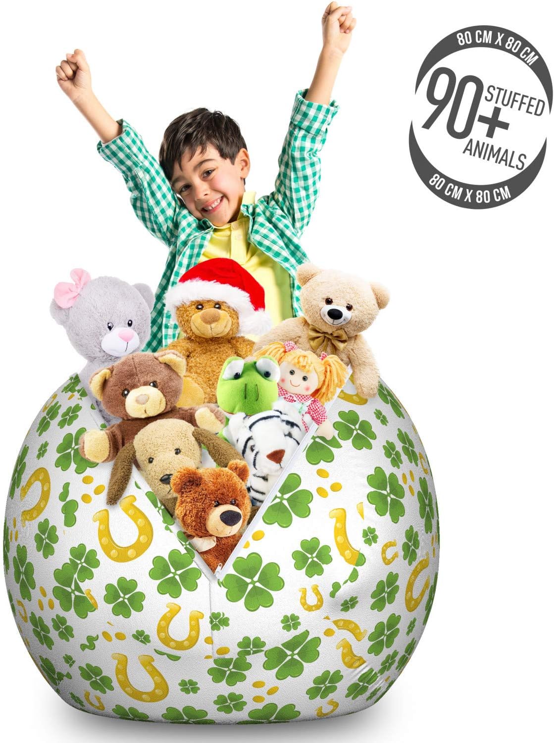 Lunarable Shamrock Storage Toy Bag Chair, Irish Lucks with Horse Shoe Coins and 4 Leaf Clovers Pattern, Stuffed Animal Organizer Washable Bag, Large Size, Apple Green and Yellow
