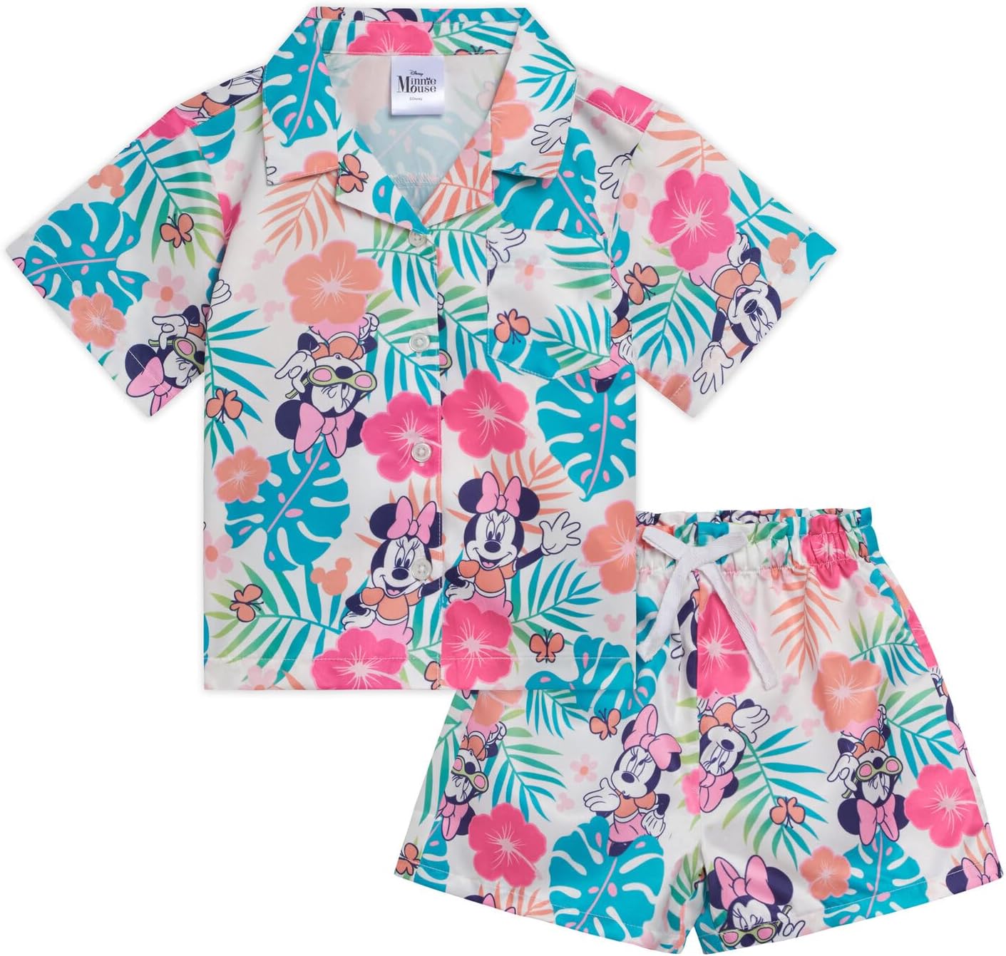 Disney Mickey Mouse Minnie Mouse Hawaiian Button Down Shirt and Shorts Outfit Set Toddler to Big Kid Sizes (2T - 14-16)