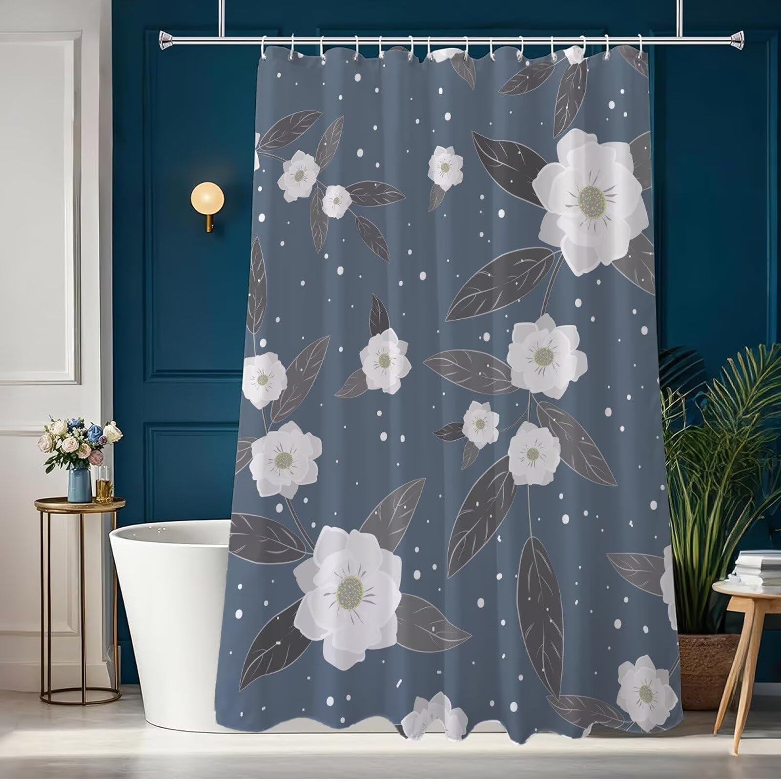 Wasserdichter Duschvorhang Anti-Schimmel 240x200 cm, Waschbar Schnelltrocknend Textil Stoff Polyester Duschvorhang Grau Shower Curtain mit Gewicht und 12 Duschvorhängeringen für Badewanne, Weiß J8-349