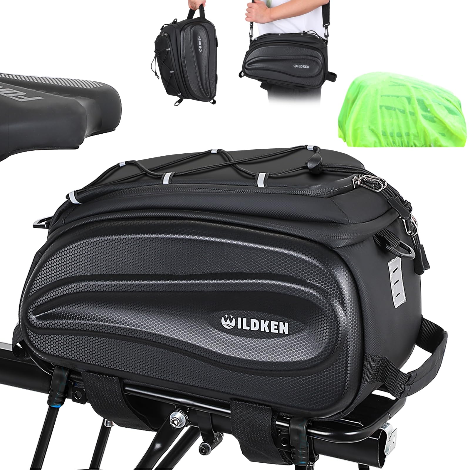 WILDKEN 12L Bolsa Bicicleta para Portaequipajes, EVA Reflectantes Alforjas Bicicleta Impermeable, con Asa y Correa Negro Bolsa para Bicicletas, Bolsa Trasera Bicicletas para Bicicletas MTB Carretera