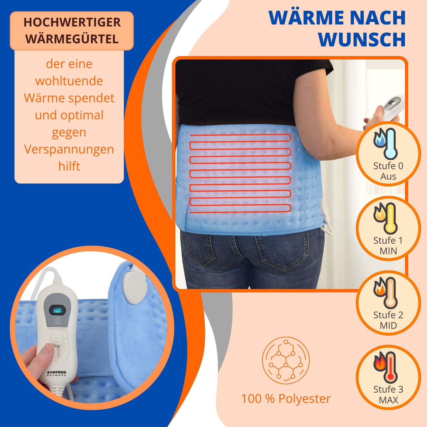 Syntrox Germany Elektrischer Wärmegürtel Kodiak, Heizgürtel, 3 Temperaturstufen, 100 Watt, 68 cm x 28 cm, Klettverschluss, Automatische Abschaltung, Verspannungen lindern