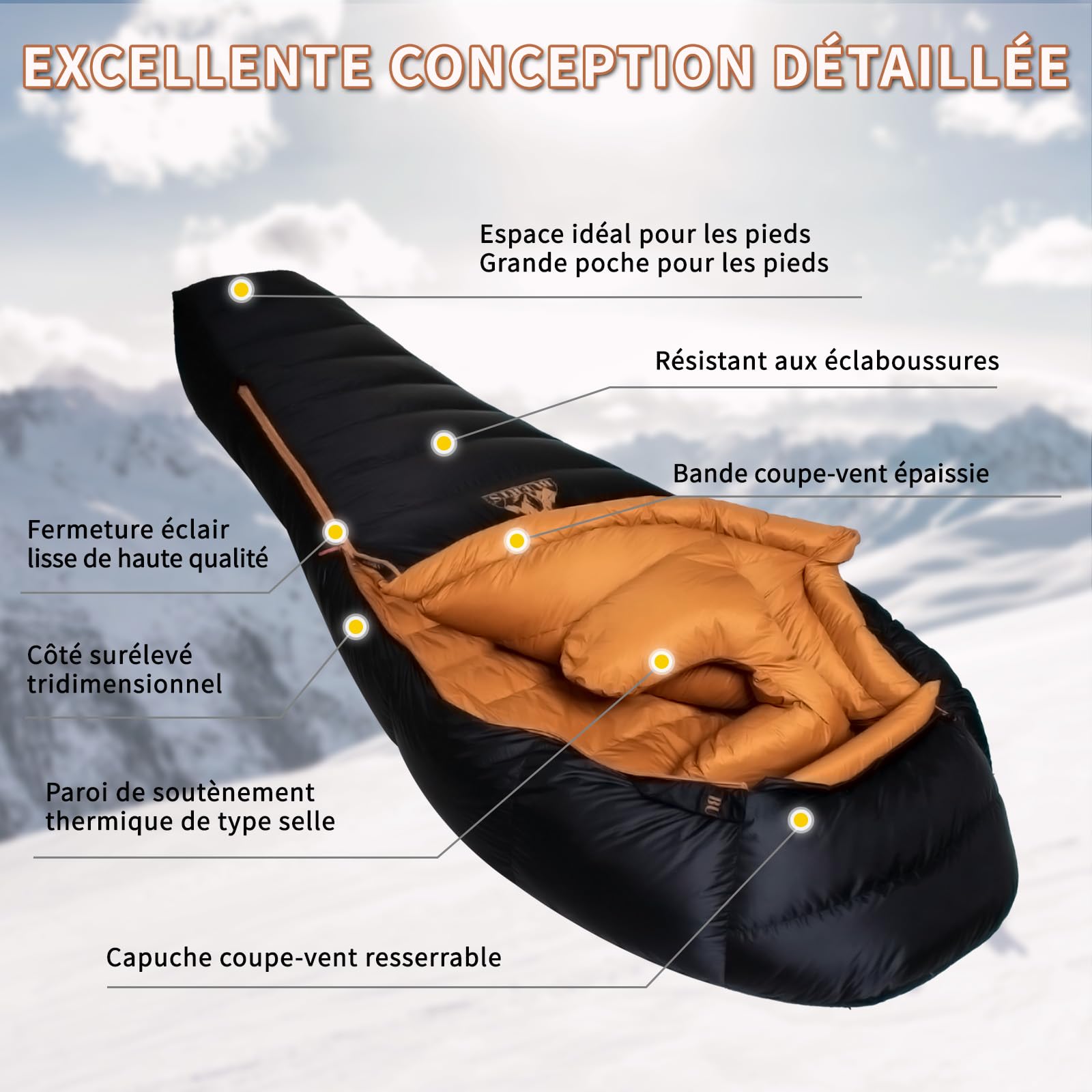 Sac de Couchage Duvet Hiver, XXL Adulte, 3 Saisons, Ultra-Léger, Idéal Camping, Randonnée, Backpacking et Survie en Plein Air
