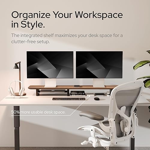 Miniatura 3 de KIVY Elevador de monitor doble con estante de metal integrado - Estante de escritorio de madera para la parte superior del escritorio - Soporte de