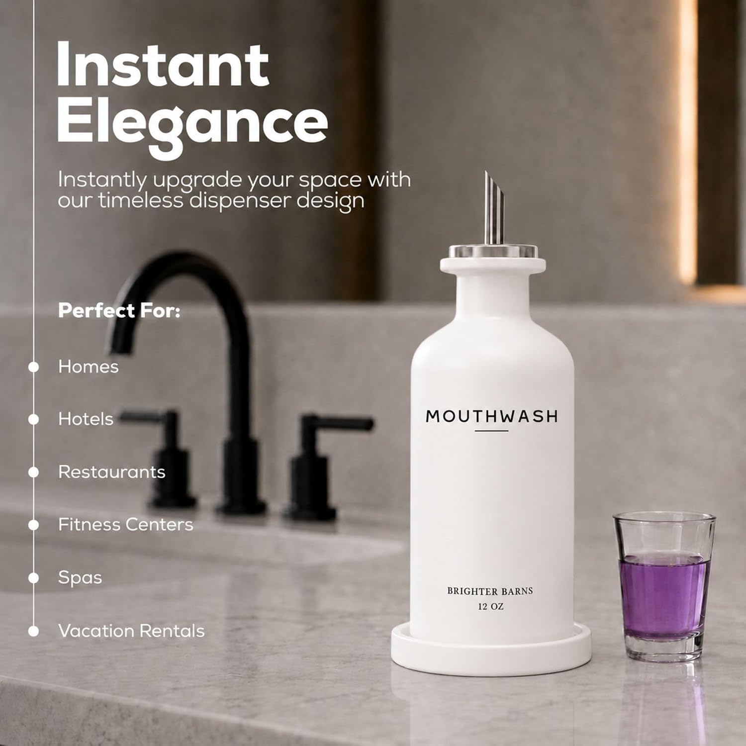 White Glass Mouthwash Dispenser for Bathroom by Brighter Barns - 12oz Mouth Wash Dispenser w/Stainless Steel Spout, Glass Mouthwash Cup, Tray - Minimalist Bathroom Decor in Hotel, Spa, Office (White)