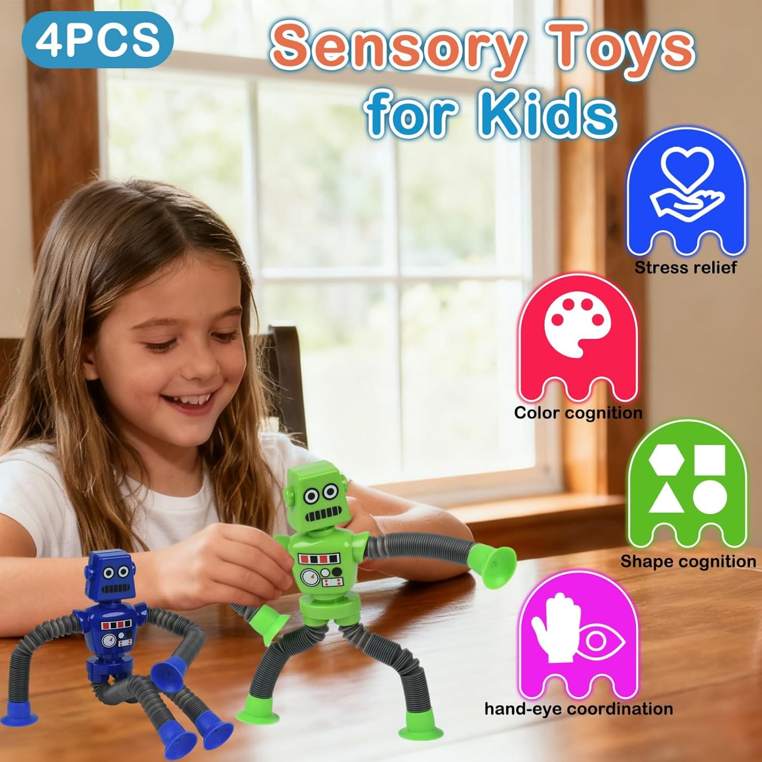 Pop Tubes Fidget Toys, 4-Pack Telescopic Suction Cup Toy for Kids Toddlers, Animal Autism Sensory Toy for Grandkids, Funny Stocking Stuffers for Christmas Birthday Gift (Robot)