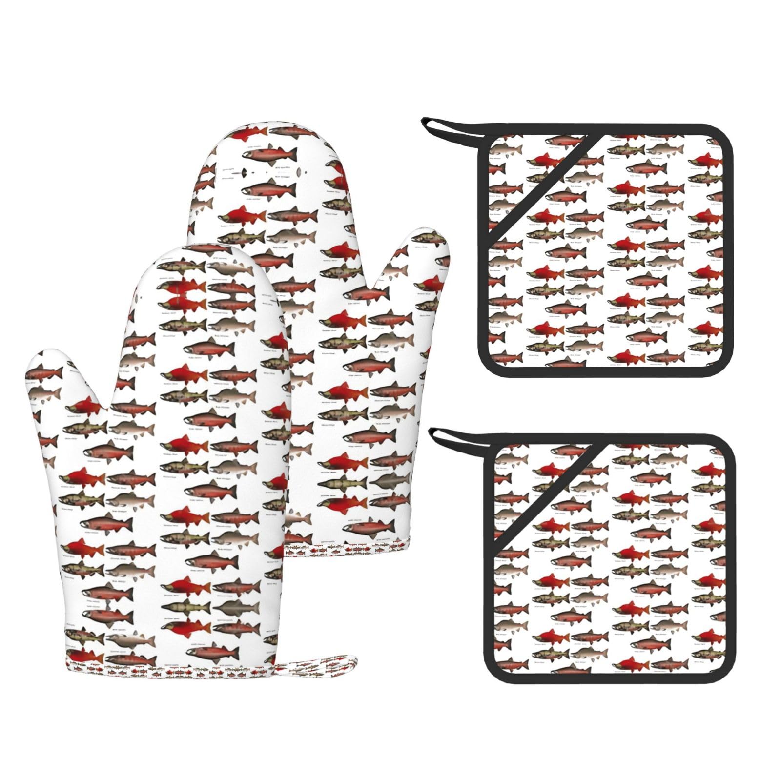 Salmon Trendy Printed Kitchen Set with Heat Resistant Gloves & Non-Slip Hot Pads for Baking & Grilling