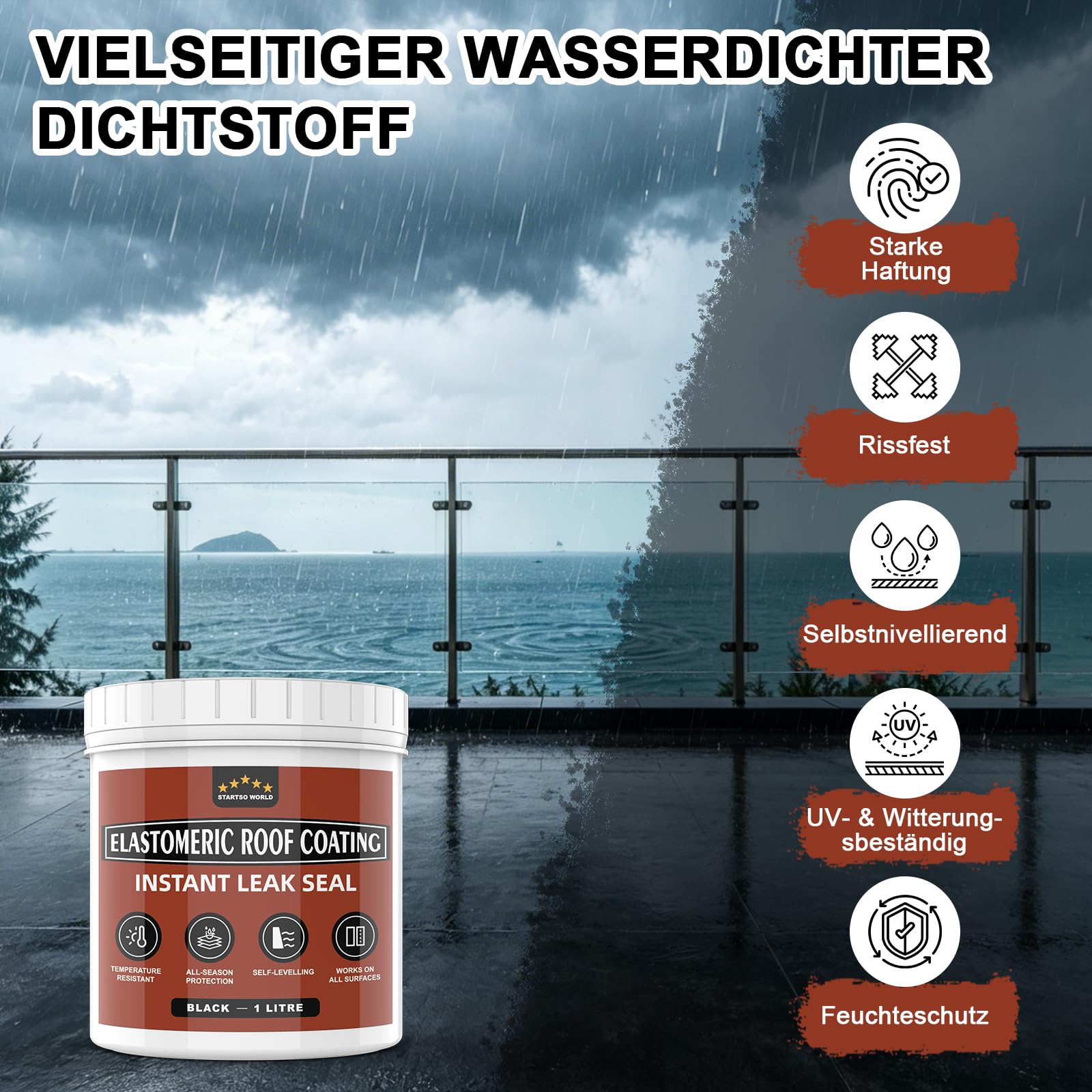 Flüssiggummi Dachabdichtung 2 L Schwarz, wasserdichte elastische Dachbeschichtung, Flüssigkunststoff für Flachdach, Dachrinne, Beton, Holz, Metall, Bitumen