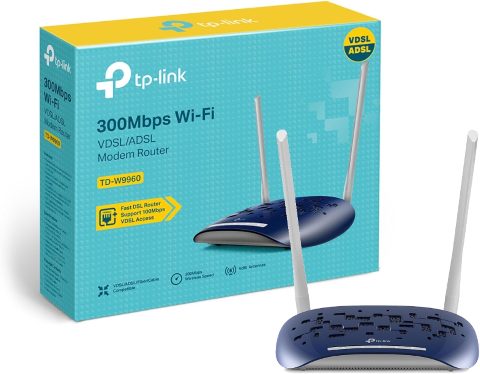 TP-Link TD-W9960 300 Mbps Wireless N VDSL/ADSL Modem Router,6kV Lightning Protection,2 Omni Directional Antennas,Compatible With VDSL2/ADSL2+/ADSL2/ADSL, 4 LAN Ports,TP-Link Tether App,Easy setup