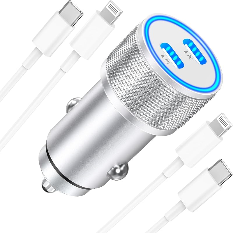 Cargador de auto para iPhone con certificación Apple MFi, cargador rápido de teléfono para auto USB-C de 60 W | Linocell-cargador de auto Dual PD tipo C, encendedor de cigarrillos con 2 cables Lightning para iPhone 14, 13, 12, 11 Pro, XS, XR, X, 8, SE, iPad