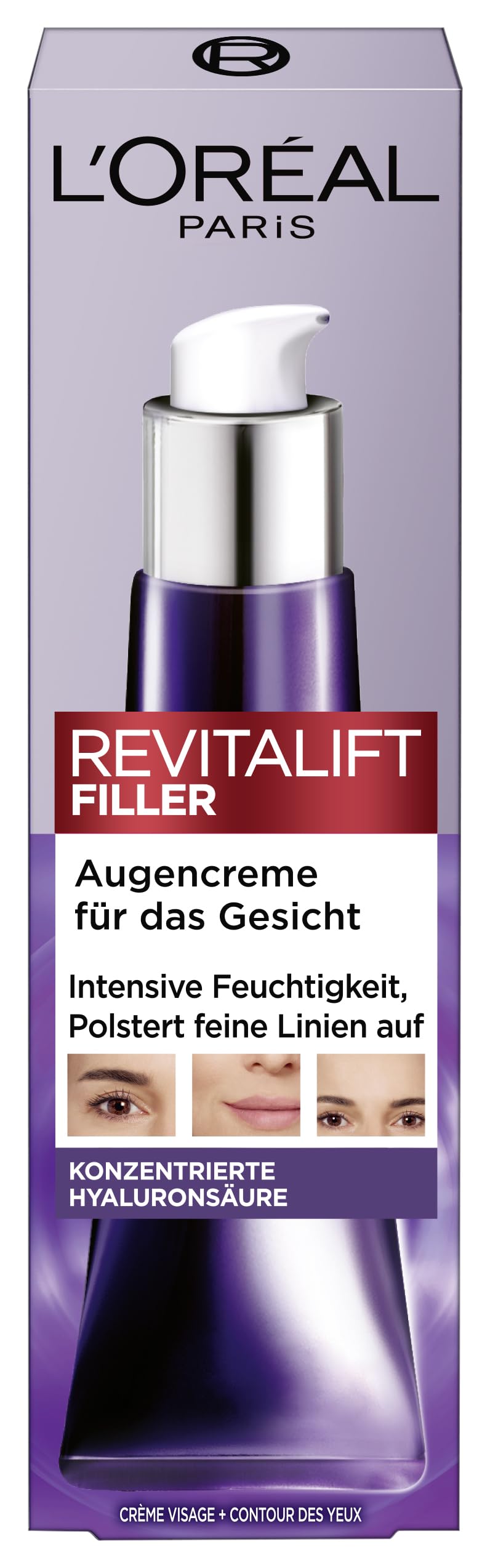 L'Oréal Paris Augencreme für Frauen: poltert auf, glättet die Haut und spendet intensiv Feuchtigkeitmit konzentrierter [Hyaluronsäure]Revitalift Filler, 1x 30ml