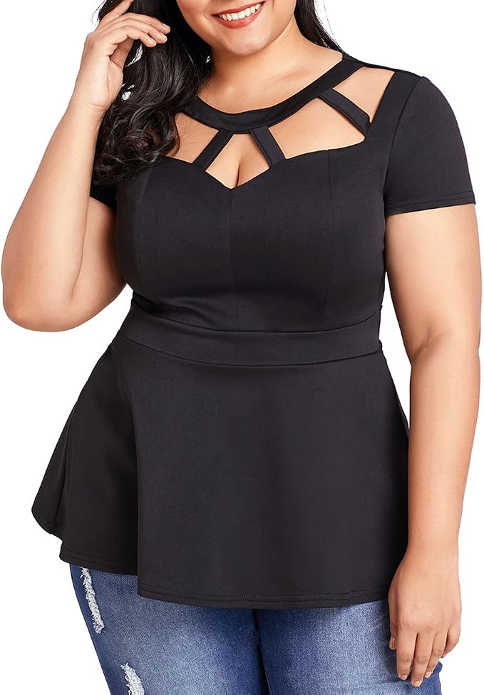 Short Sleeve Flare Peplum Blouse Top 