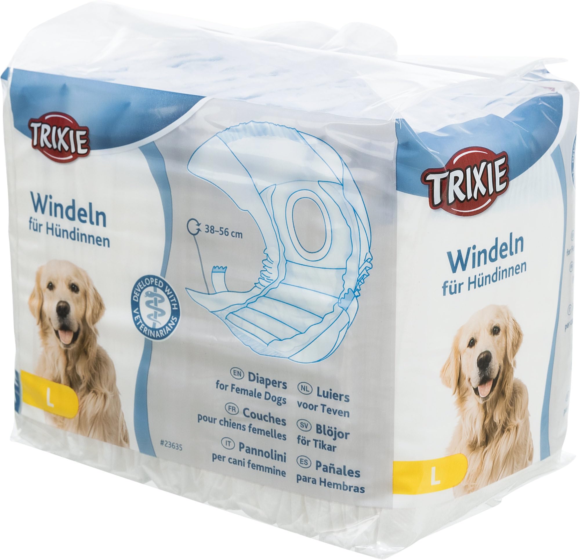 TRIXIE Windeln für Hündinnen Größe L - Saugfähige Hundewindeln bei Inkontinenz & Läufigkeit - 12 St. mit Gummizug für mehr Komfort, 38-56 cm Taillenumfang - 23635